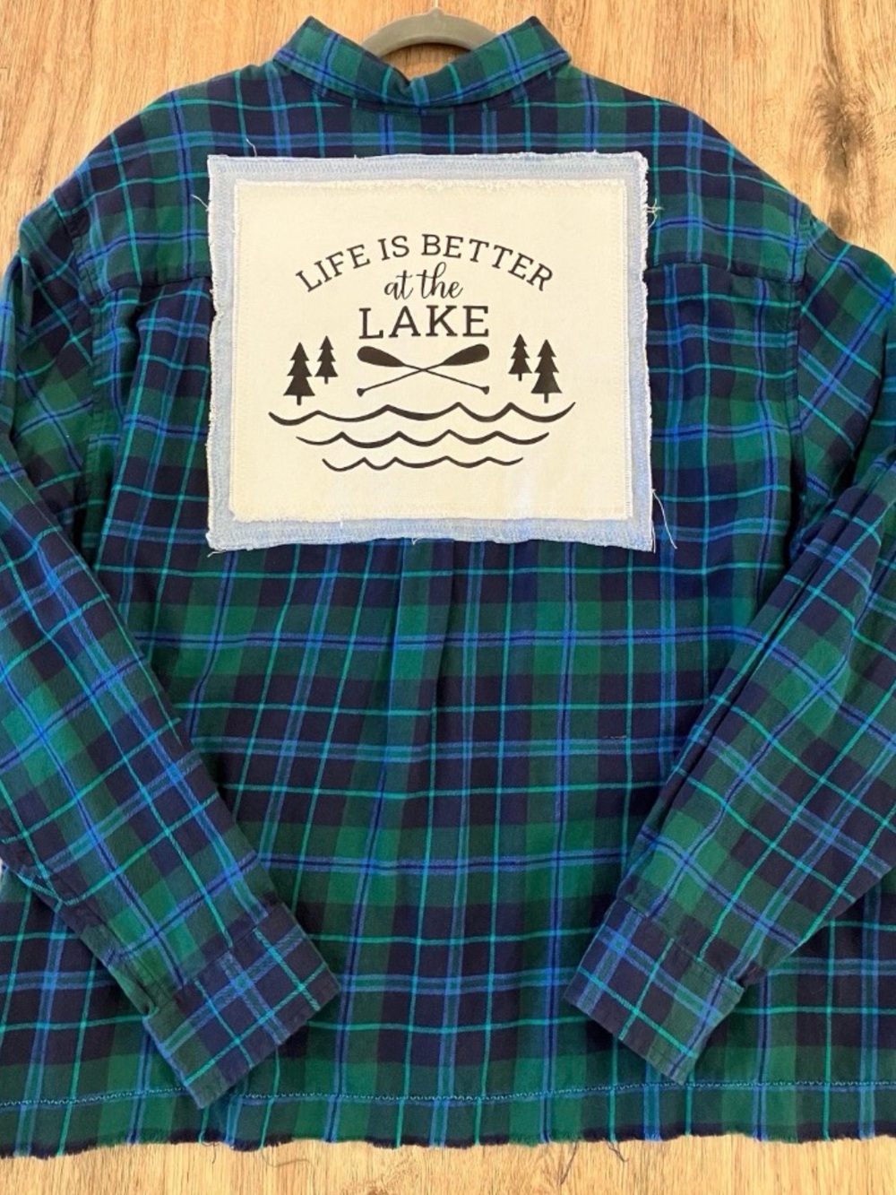 Upcycled Lake Life Shirt: Frayed Denim and Canvas. 2XLB.